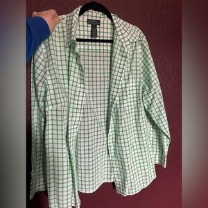 Lauren Ralph Lauren Green White Gingham Button Down Long Sleeve, Plus Size
